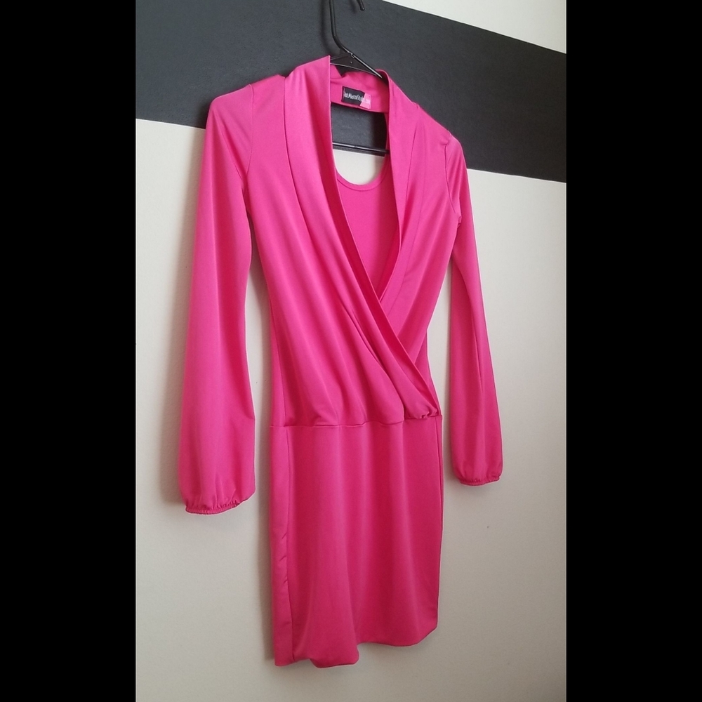 NEW LISTING! Fuchsia Wrapped Plunging Neck Mini Dress - Picture 12 of 15